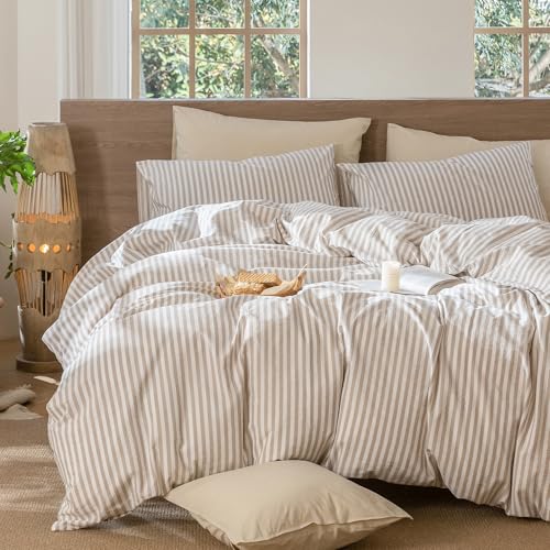 Image of MooMee Striped Duvet Cover Set 100% Washed Cotton Linen Like Twin | Relaxed Linen-like Texture. Soft, Breathable & Long-lasting Comfort. Lightweight. Hidden Zipper with 8 Interior Corner Ties