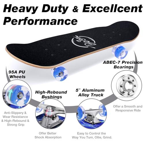Image of BELEEV Skateboards for Beginners, 31 x 8 inch Complete Skateboard for Kids Teens Adults, 7 Layer Canadian Maple Double Kick Deck Concave Cruiser Trick Skateboard with Multifunction Skate T-Tool