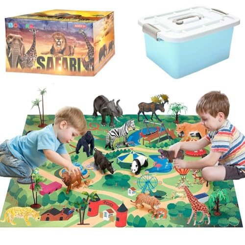 Safari Animals Figurines Toys with Activity Play Mat & Trees Realistic Plastic Jungle Wild Zoo Animals Figures Playset with Elephant Giraffe Lion Gorilla for Kids Boys & Girls 22 Piece