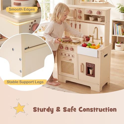 Costzon Kids Play Kitchen, Rattan Toddler Kitchen Playset w/Real Lights & Sounds, Stoves, Sink, Faucet, Oven, Ice Machine, Microwave, Coffee Maker, Wooden Chef Pretend Play Toy, Gift for Boy Girl 3+ - Image 5