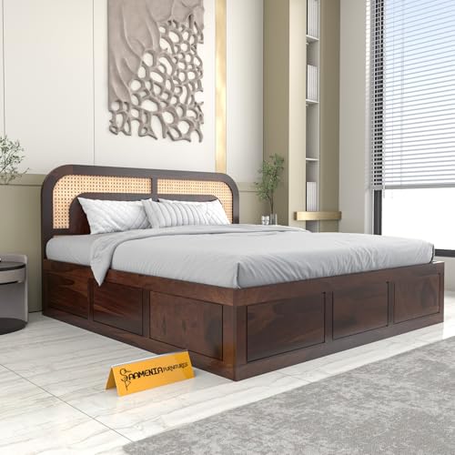 Image of Sheesham Wood Cane Bed with Box Storage for Bedroom | King Size Wooden Double Bed Palang with Curved Rattan Headboard (Walnut Finish)