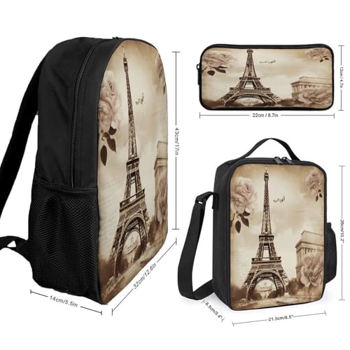 Printed Backpack With Lunch Pack Storage Box Case Vintage Paris Eiffel Tower Butterfly 3pcs Lightweight Travel Backpack2