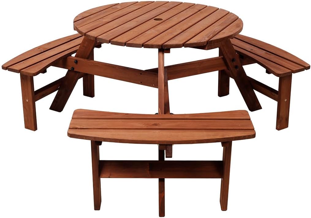 Kids Outdoor Wooden Picnic Table, 6-Person Round Table with 3 Built-in Benches, 35" Dia Patio Dining Table with Umbrella Hole, 1500 lbs Capacity, Camping BBQ Table for Backyard & Garden
