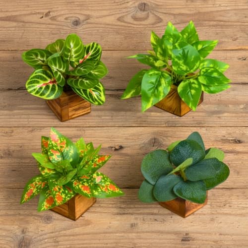 Image of DecoreBugs Artificial Leaves Potted Plants in Wooden Pot (4 Pack) Money Plant | Small Plants for Home Decor | Office Decor