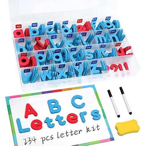 Magnetic Letters Kit, A-Z Foam Magnetic Letters, Alphabet Letters with Large Double-Side Magnet Board and Learning Cards, Educational Refrigerator Magnets for Preschool Learning Spelling (Blue/Red) Cover