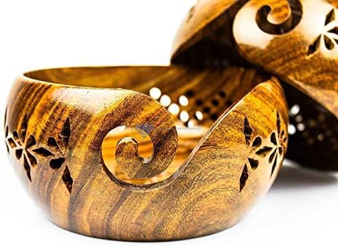 Wooden Yarn Bowl Portable Knitting Yarn Bowl with Carved Holes and Drills Mother Gift Bhartiya Handicrafts (6 x 6 x 3 Inch)