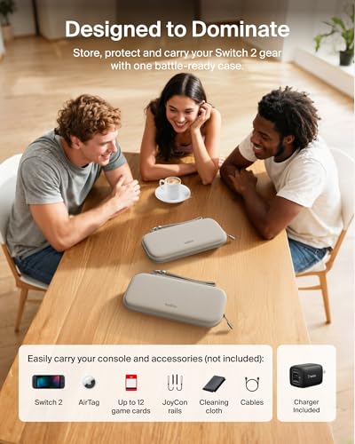 Image of Belkin Gaming Travel Bag Carrying Case (Sand) w /Hard Shell + Dual USB C Wall Charger 65W w /GaN Technology Bundle for Nintendo Switch 2 & More - Travel Essentials w /AirTag Holder & Game Storage