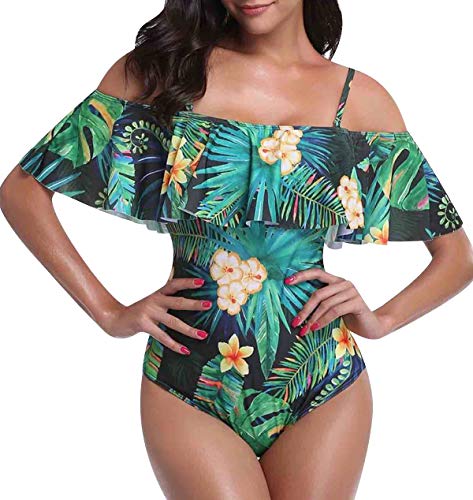 Traje de Baño Mujer Bañador Vientre Plano Bandeau Una Pieza Bañadores Playa Natacion Mujer con Volantes Bikinis de Flores con Relleno Monokini Bikini Push Up Trajes de Baño Enteros Verde S