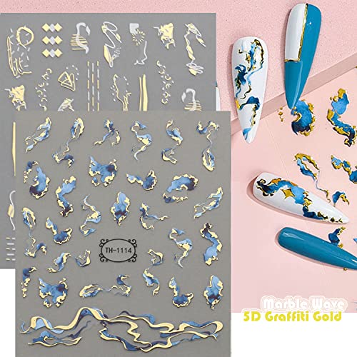 9 Sheets Graffiti Nail Art Stickers Decals 3D White Black Gold Stripe Line Nail Decals Self-Adhesive Abstract Marble Wave Flower Leaf Nail Art Supplies For Nail Diy Decoration Nail Accessories For Women French Nail #TOP2