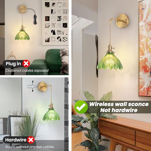 Image of Battery Operated Wall Sconce Set of 2, Rechargeable Battery-Powered Wall Light with Green Glass Lampshade,Wireless Indoor Wall Lamp with Remote Control for Living Room Bedroom