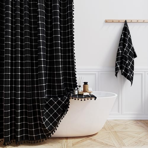 Image of BTTN 60 Inch Stall Shower Curtain - Boho Farmhouse Linen Thick Fabric Cloth Shower Curtain Set with 10 Plastic Hooks, Bohemian Country Decorative Shower Curtain for Bathroom, 60x72, Black and White
