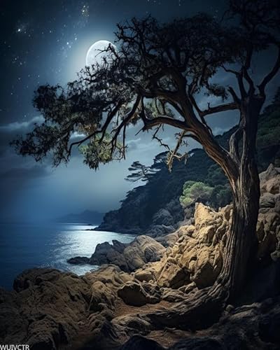 Kit de pintura en lienzo para adultos con paisaje de árbol bajo la luna y lago 40x50cm