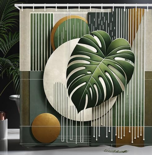 Ambesonne Green Shower Curtain, Mid Century Detailed Monstera Leaf Art with Lines and Rounds Rectangles, Cloth Fabric Bathroom Decor Set with Hooks, 69" W x 70" L, Laurel Green Dark Khaki
