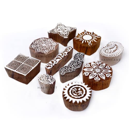 Image of Set of 10 | Wooden Blocks Multi Design Floral Stamps for Print Scrapbooking | Henna | Fabric Textile | Project Making | Art Craft | Pottery Craft