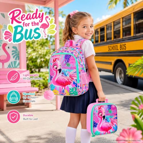 Image of AGSDON 3PCS Flamingo Backpacks for Girls, 16 inch Kids Backpack with Lunch Box, Water Resistant Girl Reflective Bookbag for Elementary