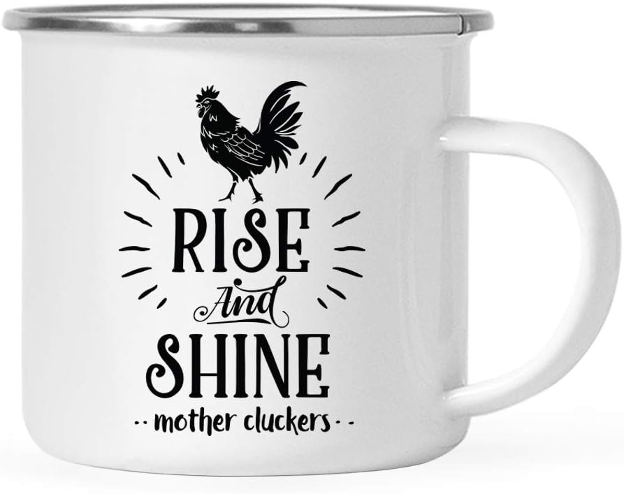 Andaz Press 11oz. Stainless Steel Hot Chocolate Campfire Coffee Mug, Rise And Shine Mother Cluckers, 1-Pack, Farm Chicken Barn Metal Enamel Camping Cup Chicken Coffee Mug Chicken Mug Farm Coffee Mugs