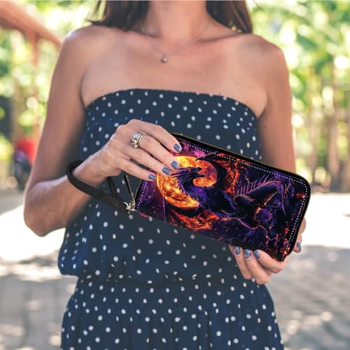 RFID Blocking Wristlet Wallet for Women – Slim PU Leather Zipper Clutch, Cute Credit Card Holder Purse with Wrist Strap for Ladies,Black Fire Dragon2