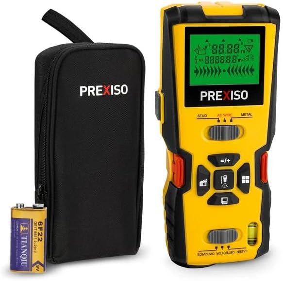 prexiso 5-in-1 stud finder with laser level marking & ultrasound distance measure - area, volume, addition | wood, ac wire detector - wall scanner beam finders for dry interior walls, metal studs