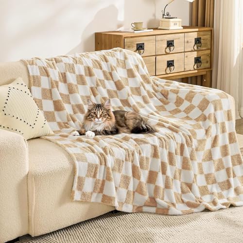 EMME Kuscheldecke Flauschige Decke - Karierte Decken 150 x 200 cm, Woven Sofadecke Weiche Warme Wolldecke&Fleecedecke, Tagesdecke, Überwurfdecke, Kuscheldecken für Couch, Beige