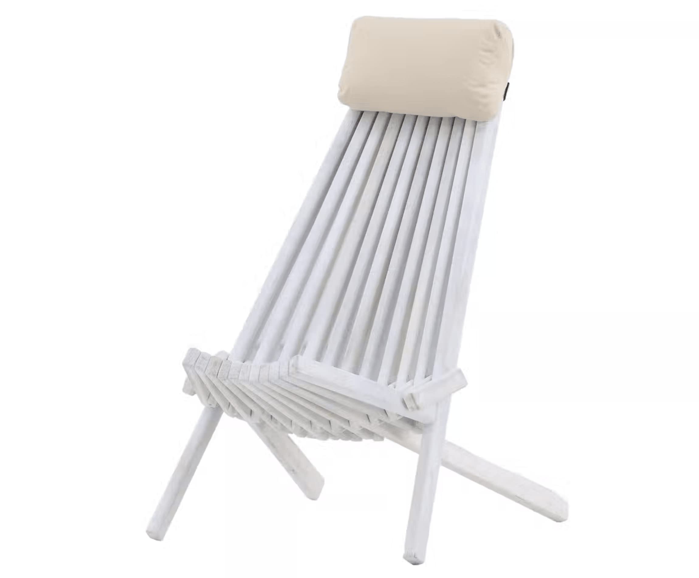 Folding Acacia Wooden Chair with Neck Cushion - Stylish Low Profile Acacia Wood Lounge Chair for the Patio, Deck, Balcony, Garden, BBQ, Camping, Beach, Outdoor Furniture (White)