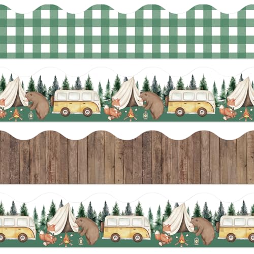 Whaline 70 Ft Camping Bulletin Board Borders Woodland Animal Hiking Self-Adhesive Border Trim Watercolor Scalloped Border Sticker Decals for Home Classroom Party Wall Decor, 60 Pcs
