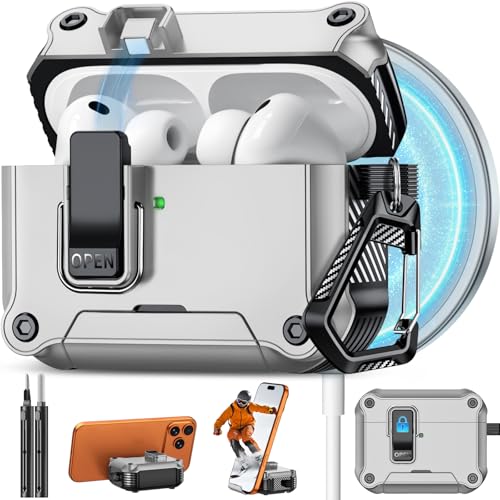 Image of Pohgelan for AirPods Pro 3 Case with Safety Lock-Silver | Magnetic Automatic Lock with Cleaning Kit&Keychain,Compatible with Magsafe