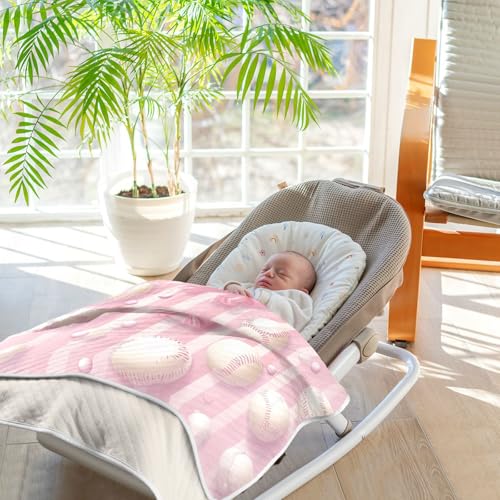 Image of Pink Ribbon Baseball(3) Baby Blanket Cotton Cozy Throw Blanket Warm Nursery Swaddle Receiving Toddler Blankets 30 inch x 40