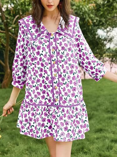 Image of Wenrine Womens Casual Shirt Dresses 3 /4 Long Sleeve Floral Button Down Flowy Babydoll Fall Mini Dress