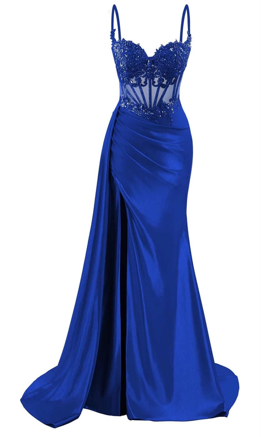 KIYNE Lace Applique Satin Prom Dresses with Slit for Teens Royal Blue Celebrity Pageant Dress Mermaid Formal Party Gown UK12