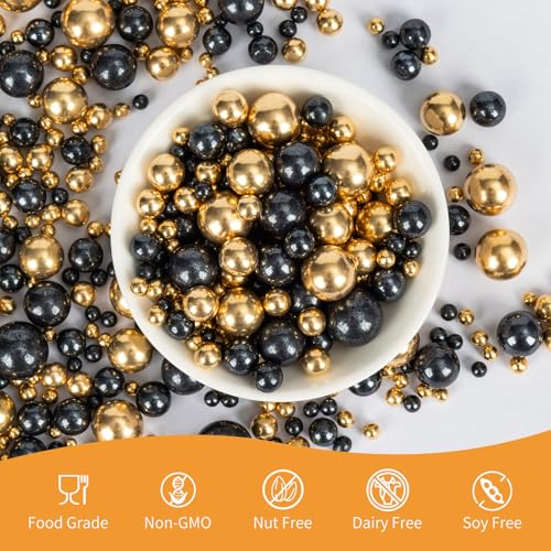 Image of Edible Pearl Sprinkles for Cake Decorating,130g Black and Gold Candy Sprinkle Mixing Size,Baking Pearls Cake Cupcake Toppers,Cookie Donuts Ice Cream Decorations,Wedding Birthday Party Supplies