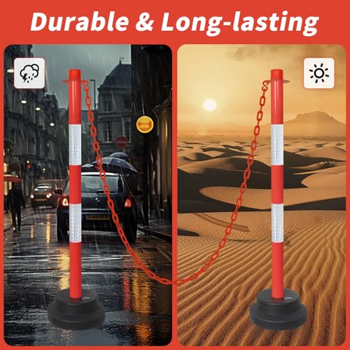 SHAREWIN 35\" Traffic Delineator Posts with Weighted Base & Reflective Collar, Red Safety Stanchions Cones with 5FT Plastic S Hooks Chain - Parking Lot Barriers, Driving Training, Crowd Control 4 Pack
