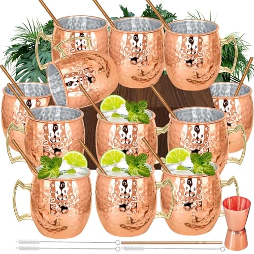 Moscow Mule, set di 12 tazze in rame placcato, 540ml, grandi tazze in acciaio inox martellato, con 1 misurino doppio da 30ml, 12 cannucce in acciaio inox, per bevande fredde e cocktail