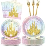 96Pcs Princess Castle Party Decorations Watercolor Pastel Rainbow Paper Plates and Napkins Gold Glitter Tableware Set Princess Plates for Girl Birthday Party Baby Shower Decoration Serve 24