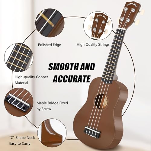 Image of POMAIKAI Soprano Ukulele for Beginner Hawaiian Wood Ukelele 21 Inch Small Guitar Uke for Starter Student Adult (Bright-Brown)