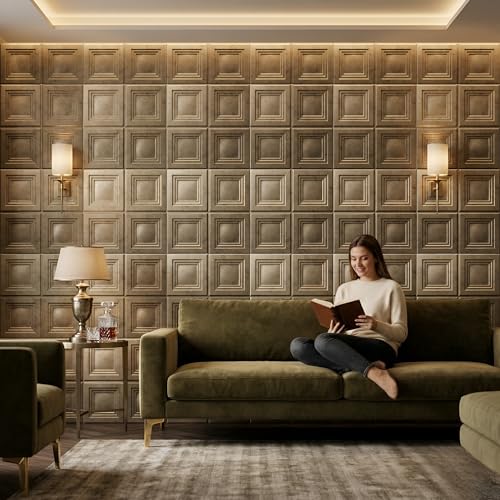 Image of Kayra Decor 3D Wall Panels | PVC Wall Tiles | Square Box Design | Gold Copper | Pack of 40 (107.6 Sq. Ft.)