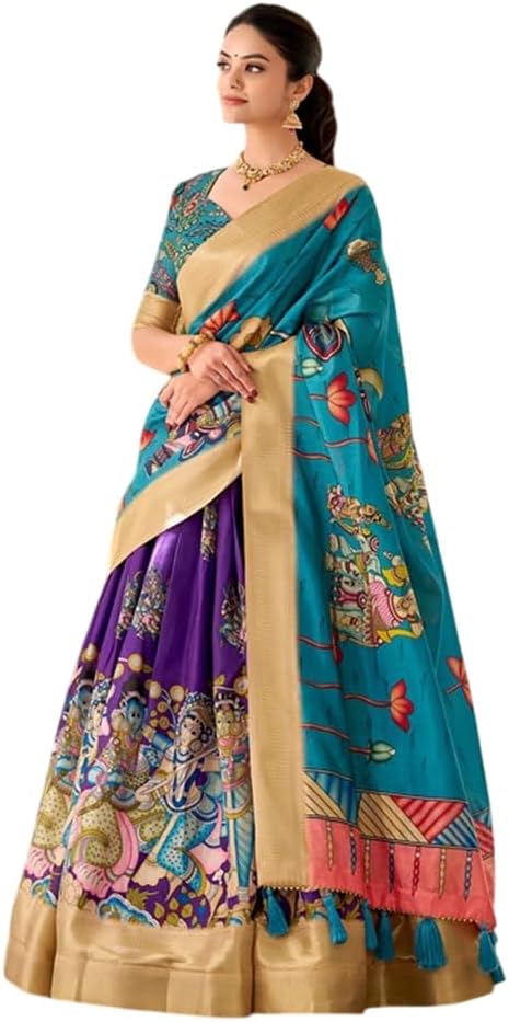 Overall Women's Kalamkari Print With Weaving Border Work Lehenga Choli Set with Dupatta For Women.
