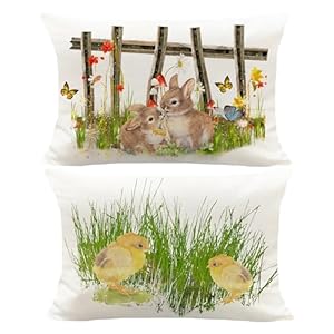 Happy Easter Throw Pillow Covers 12x20 Inch Set of 2, Bunny Rabbits Chicks Green Grass Spring Holiday Pillow Cases for Outdoor Party, No Fillers Included Happy Easter Throw Pillow Covers 12×20 Inch Set of 2 Bunny Rabbits Chicks Green Grass Spring Holiday Pillow Cases for Outdoor Party No Fillers Included