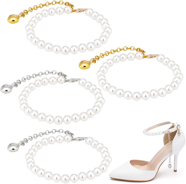 PH PandaHall High Heel Shoe Straps Pearl Beaded Elastic Shoe Laces Beads Anti Loose Shoelace Belt Ankle Straps Detachable Shoe Strap Band for Holding Loose High Heel Shoes 2 Pairs