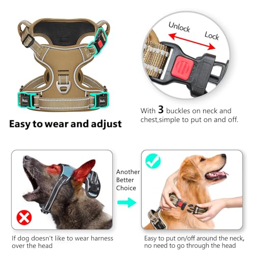 HEELE Hundegeschirr, Brustgeschirre für Hunde, Laufgeschirre Hund mit abschließbarem Schnappverschluss, einstellbare reflektierende Hundegeschirre, Offen am Hals, Anti Zug Dog Harness, Khaki, M