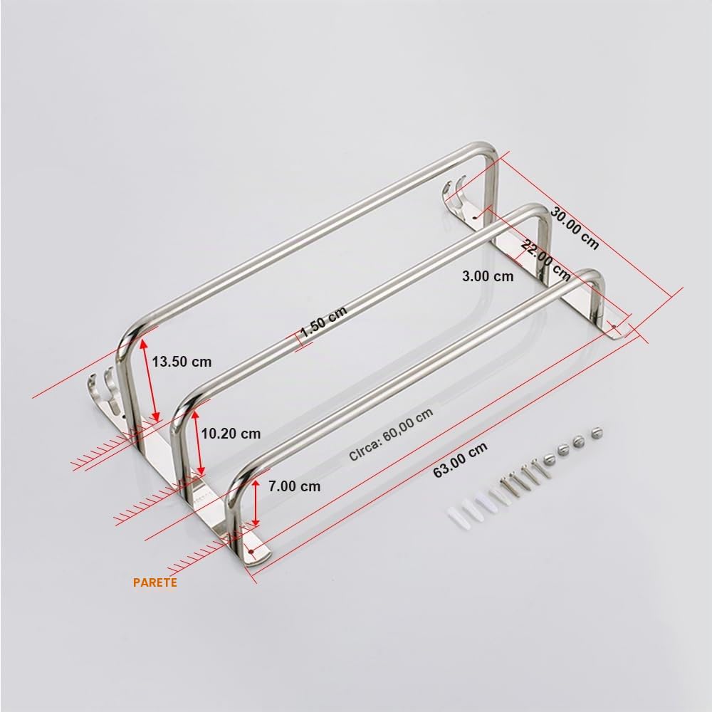 Portasciugamani Muro Portasciugamani da Parete Porta Salviette da Bagno Acciaio Inox Portasciugamani Impermeabile Portasciugamano per Cucina (63CM, Cromo)