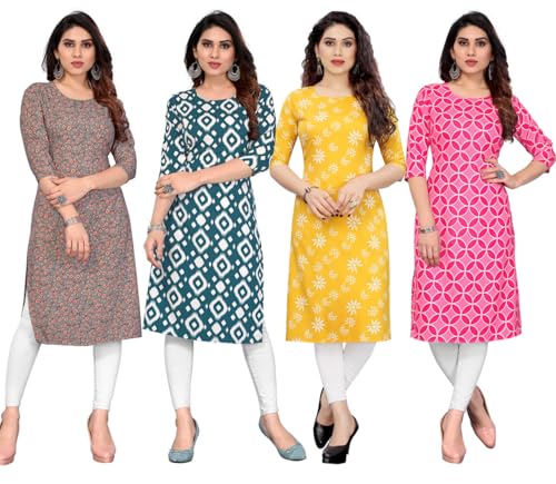 Image of JAKHANA Women's Crepe Printed Casual Straight Calf Length Round Nick Kurta Pack of 4