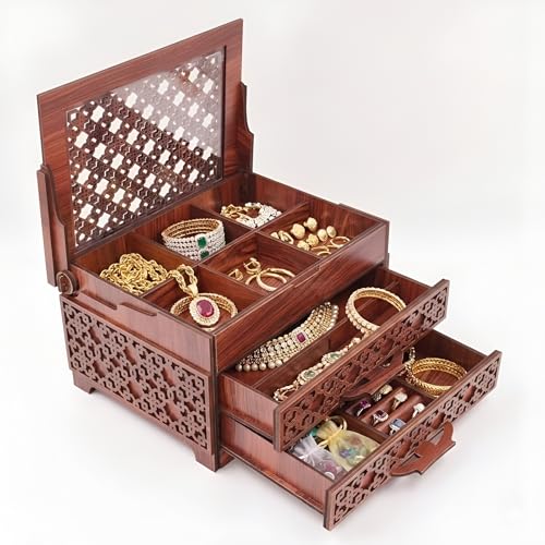 Image of Handmade Wooden Jewellery Organizer Storage Box | Wood Jewel Necklace Earrings Ring Multipurpose Organiser Box | Wedding Anniversary Pooja Gift (22x16x13 cm)