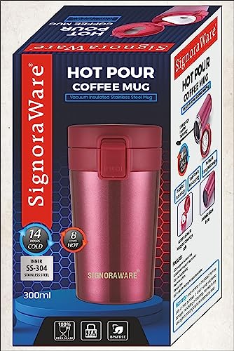 Image of Signoraware Hot Pour Coffeemate Insulated Mug, Vacuum Insulated Travel Coffee Mug with Lid, 8 Hours Hot and 14 Hours Cold, 300 ml, Set of 1, Black