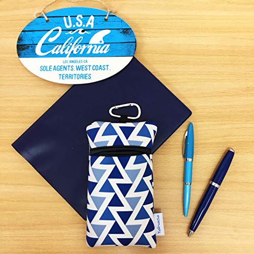Image of Neoprene Neck Cell Phone Sleeve Bag Pouch w / Clip (Blue White Triangles)