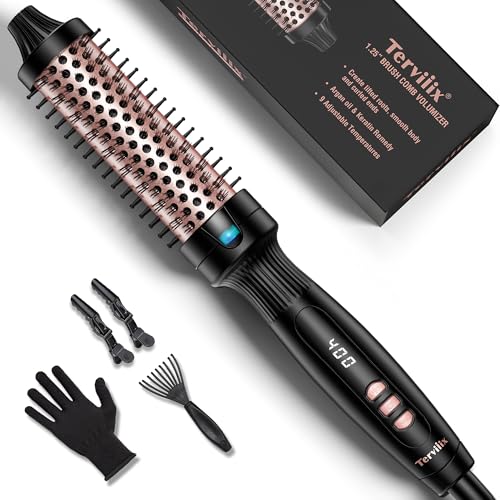 Terviiix 1.25 Inch Thermal Brush, Fast-Heating Ceramic Tourmaline Ionic Volumizing Iron, Heated Round Comb for Volumizing and Soft Curls, Digital Display 9 Temperatures Curling Wand, Dual Voltage