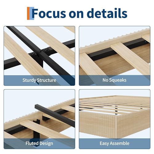 Image of GarveeHome Queen Size Bed Frame, Wood Platform Bed, Fluted Bed Frame, Minimalist Bed Base with Low Profile Design, Noise-Free, Easy Assembly, No Box Spring Needed, Oak