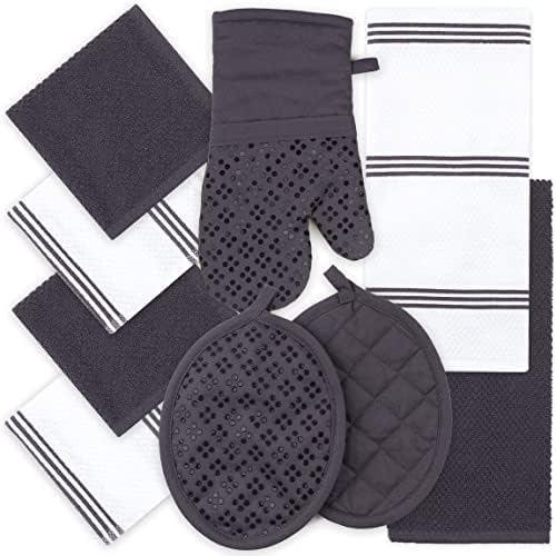 Sticky Toffee Oven Mitts and Pot Holders Set of 9 with Kitchen Towels and Dishcloths, Oeko-Tex Cotton Terry Kitchen Dish Towels & Dish Cloths, Non-Slip Silicone Oven Mitt Set, Gray