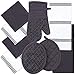 Sticky Toffee Silicone Printed Oven Mitt & Pot Holder, Cotton Terry Kitchen Dish Towel & Dishcloth, Gray, 9 Piece Set