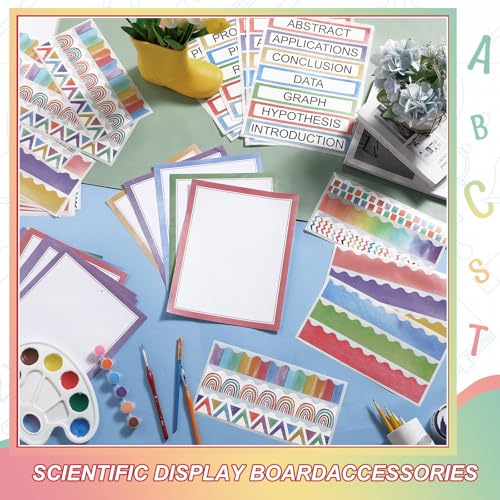 Fuyoooo 90 Pcs Science Fair Board Supplies 60 Trim Scalloped Bulletin Board Borders 24 Presentation Board Subtitles 6 Science Fair Titles for Classroom Display Boards (Watercolor)