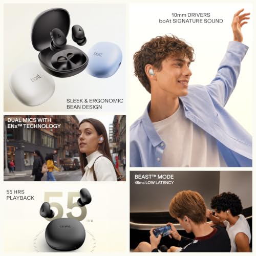 Image of boAt Airdopes Plus 214, Up to 55 Hrs Playtime, Dual Mics with ENx Tech, Sleek Bean Design, 10mm Drivers, Voice Assistant, BEAST Mode, ASAP Charge, IWP Technology TWS Earbuds with mic (Silver Mist)